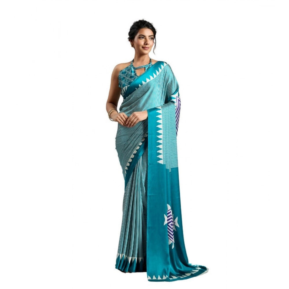 Vaystra Satin Crepe Printed Saree With Unstitched Blouse 5.5Mtr – Rama Blue