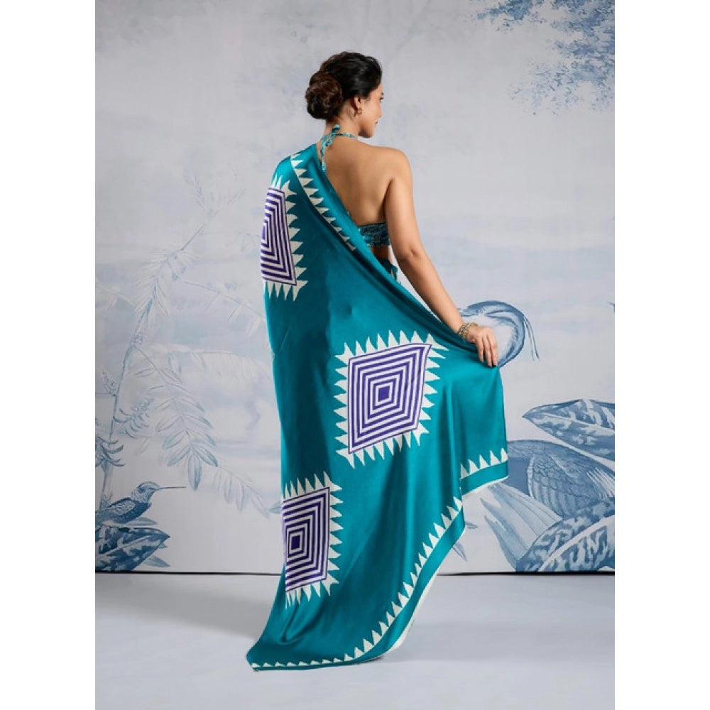 Vaystra Satin Crepe Printed Saree With Unstitched Blouse 5.5Mtr – Rama Blue