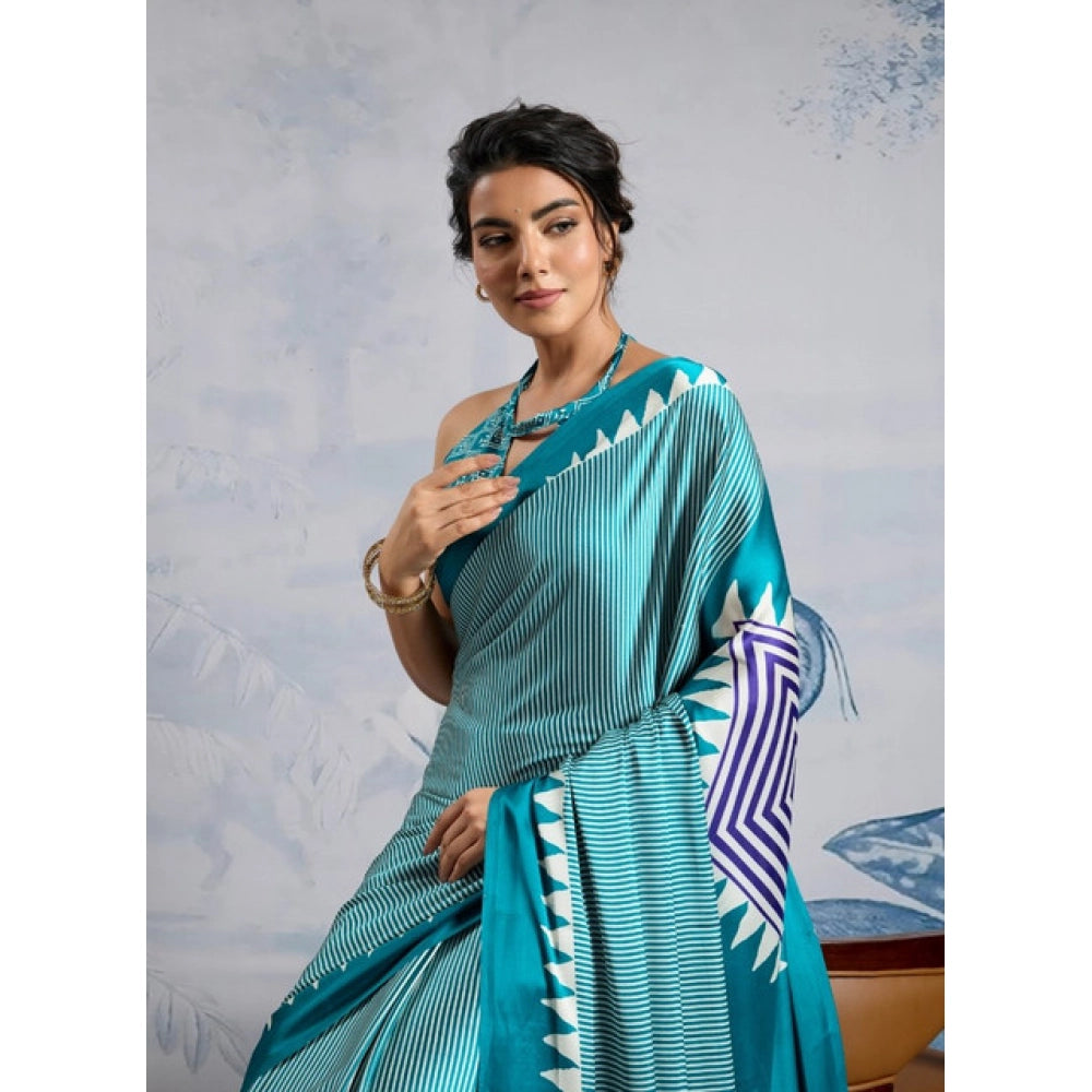 Vaystra Satin Crepe Printed Saree With Unstitched Blouse 5.5Mtr – Rama Blue