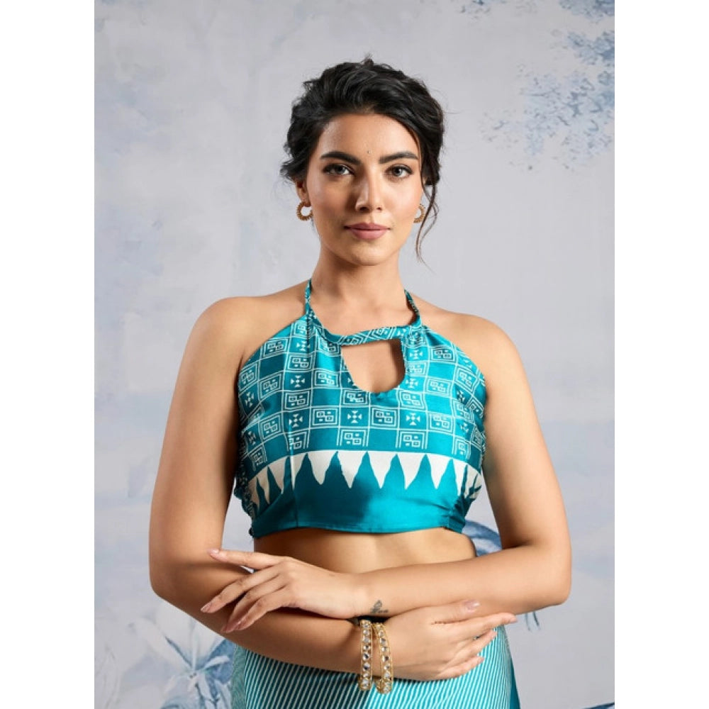 Vaystra Satin Crepe Printed Saree With Unstitched Blouse 5.5Mtr – Rama Blue