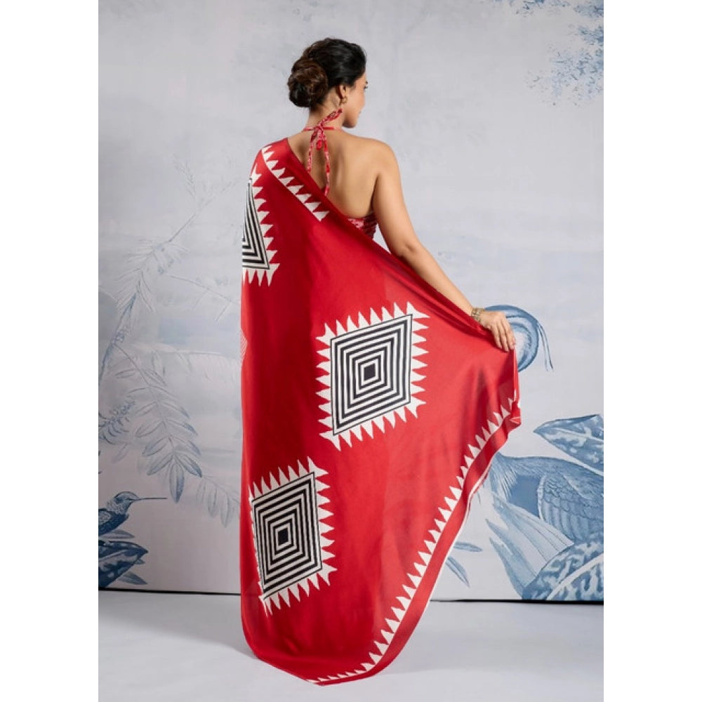 Vaystra Satin Crepe Printed Saree With Unstitched Blouse 5.5Mtr – Red