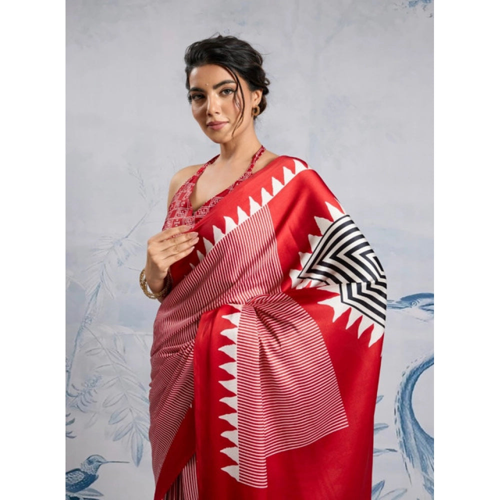 Vaystra Satin Crepe Printed Saree With Unstitched Blouse 5.5Mtr – Red