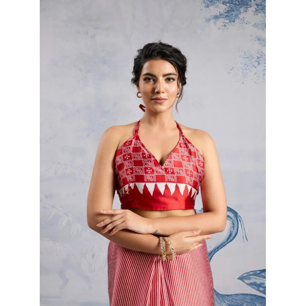 Vaystra Satin Crepe Printed Saree With Unstitched Blouse 5.5Mtr – Red