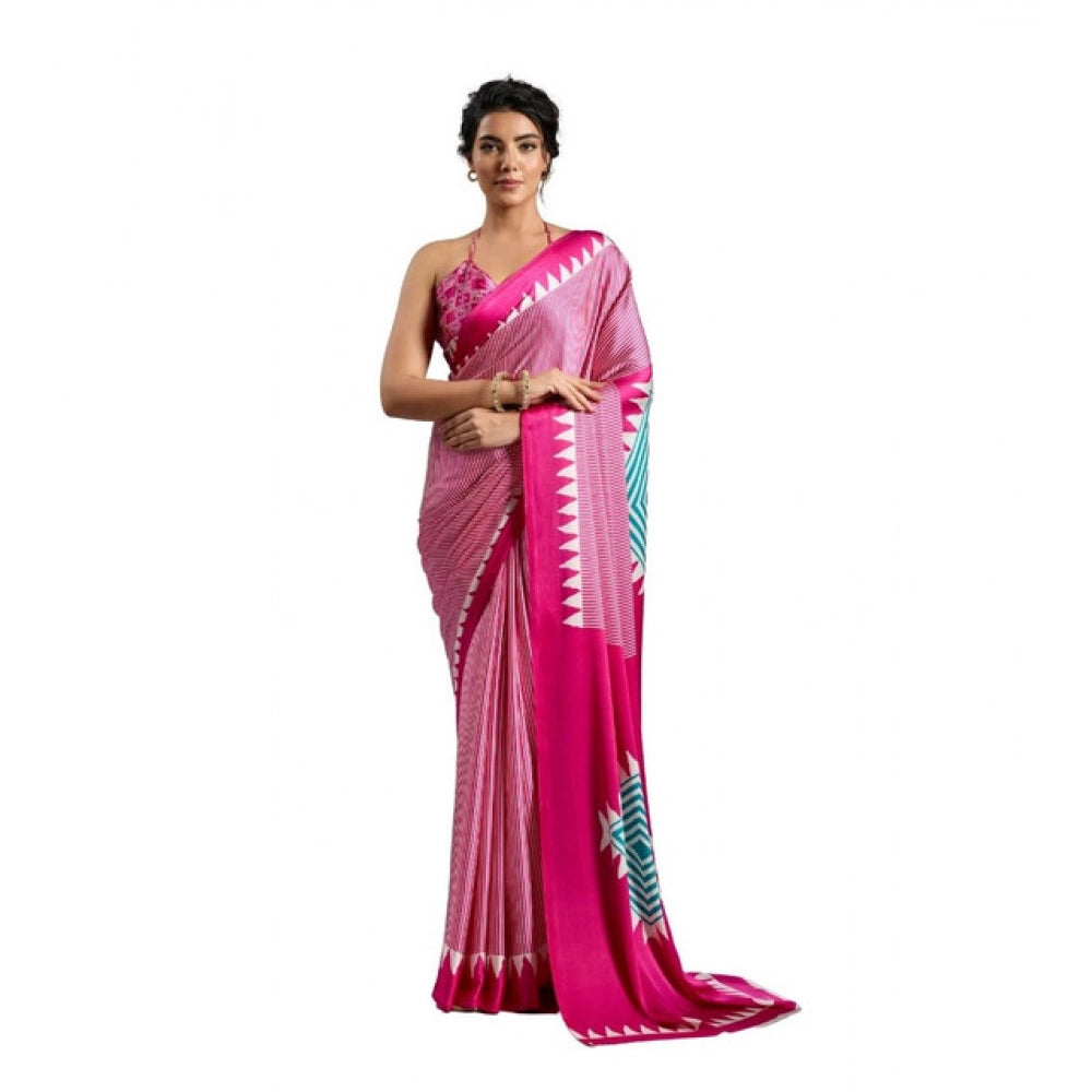 Vaystra Satin Crepe Printed Saree With Unstitched Blouse 5.5Mtr – Pink