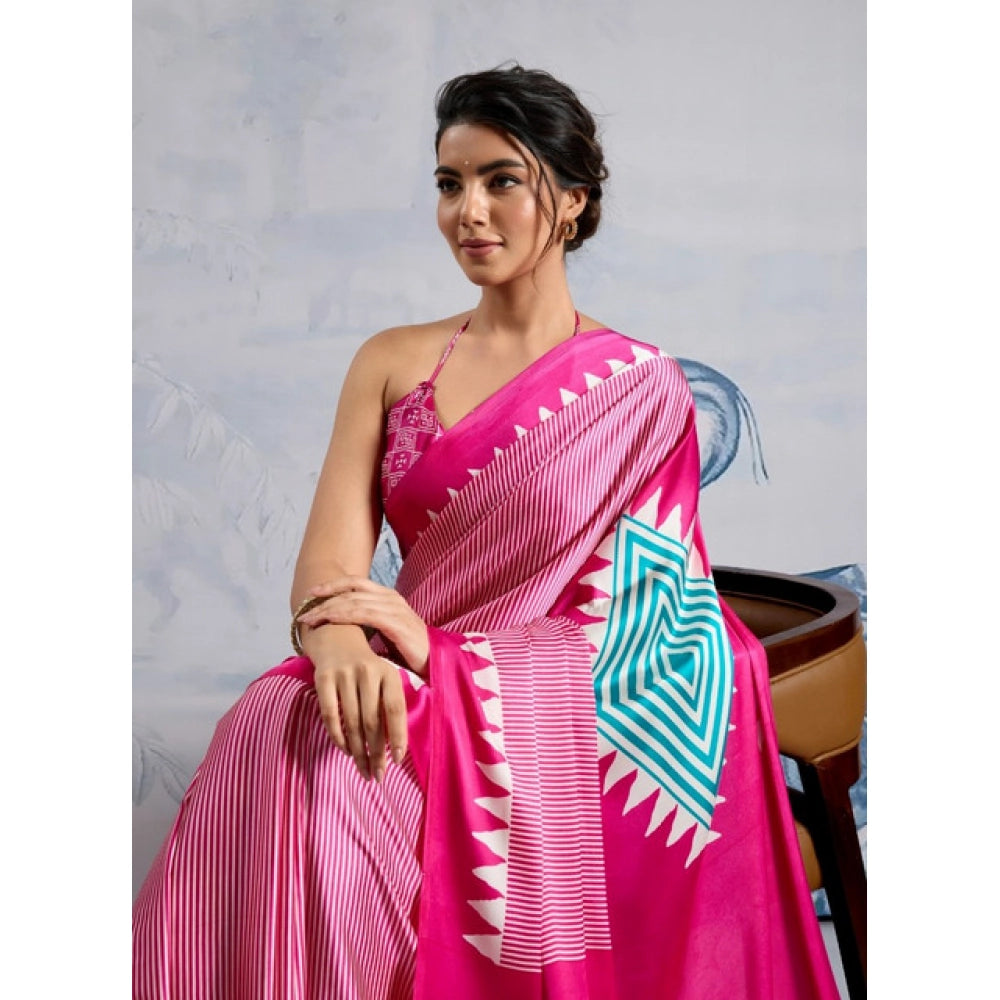Vaystra Satin Crepe Printed Saree With Unstitched Blouse 5.5Mtr – Pink
