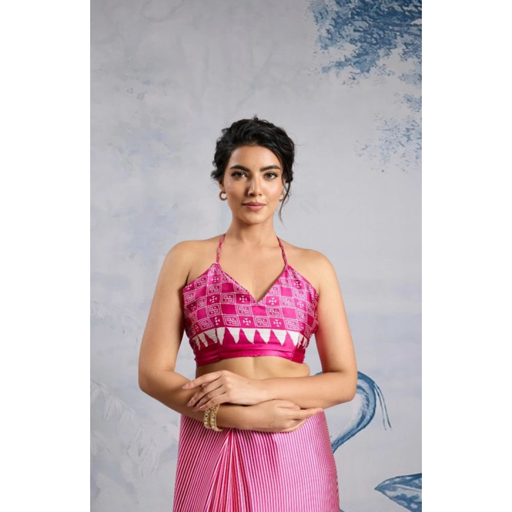 Vaystra Satin Crepe Printed Saree With Unstitched Blouse 5.5Mtr – Pink