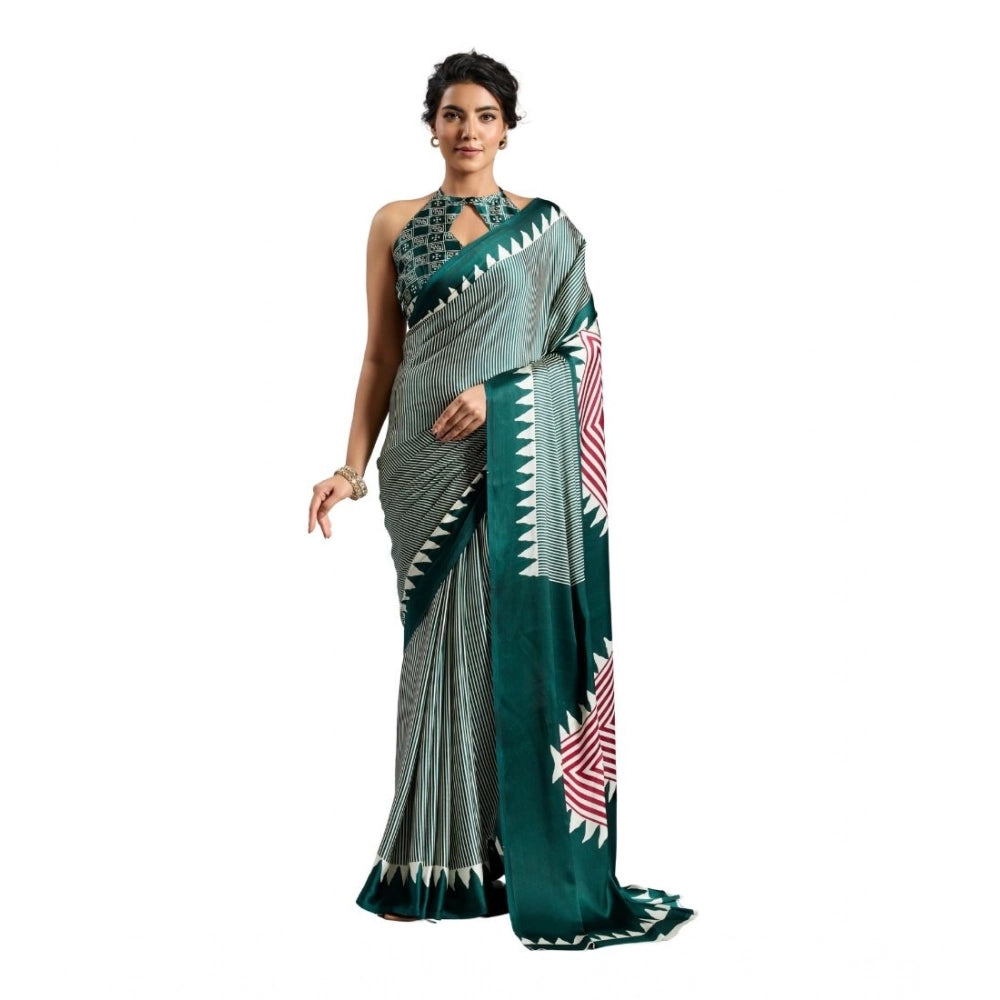 Vaystra Satin Crepe Printed Saree With Unstitched Blouse 5.5Mtr – Green