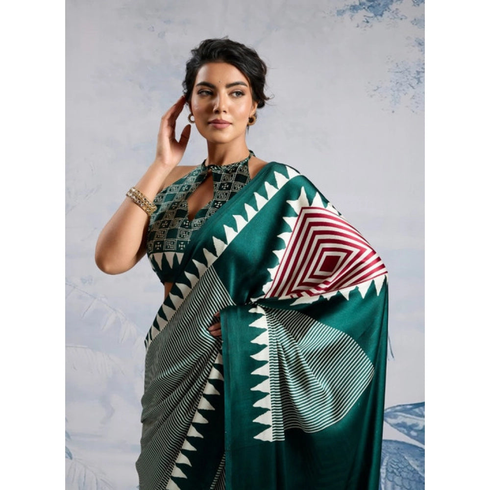 Vaystra Satin Crepe Printed Saree With Unstitched Blouse 5.5Mtr – Green