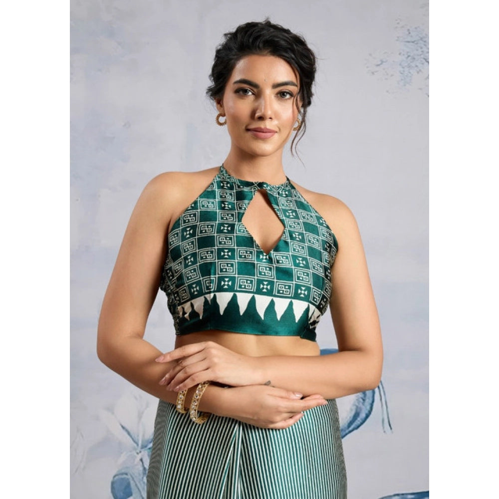 Vaystra Satin Crepe Printed Saree With Unstitched Blouse 5.5Mtr – Green