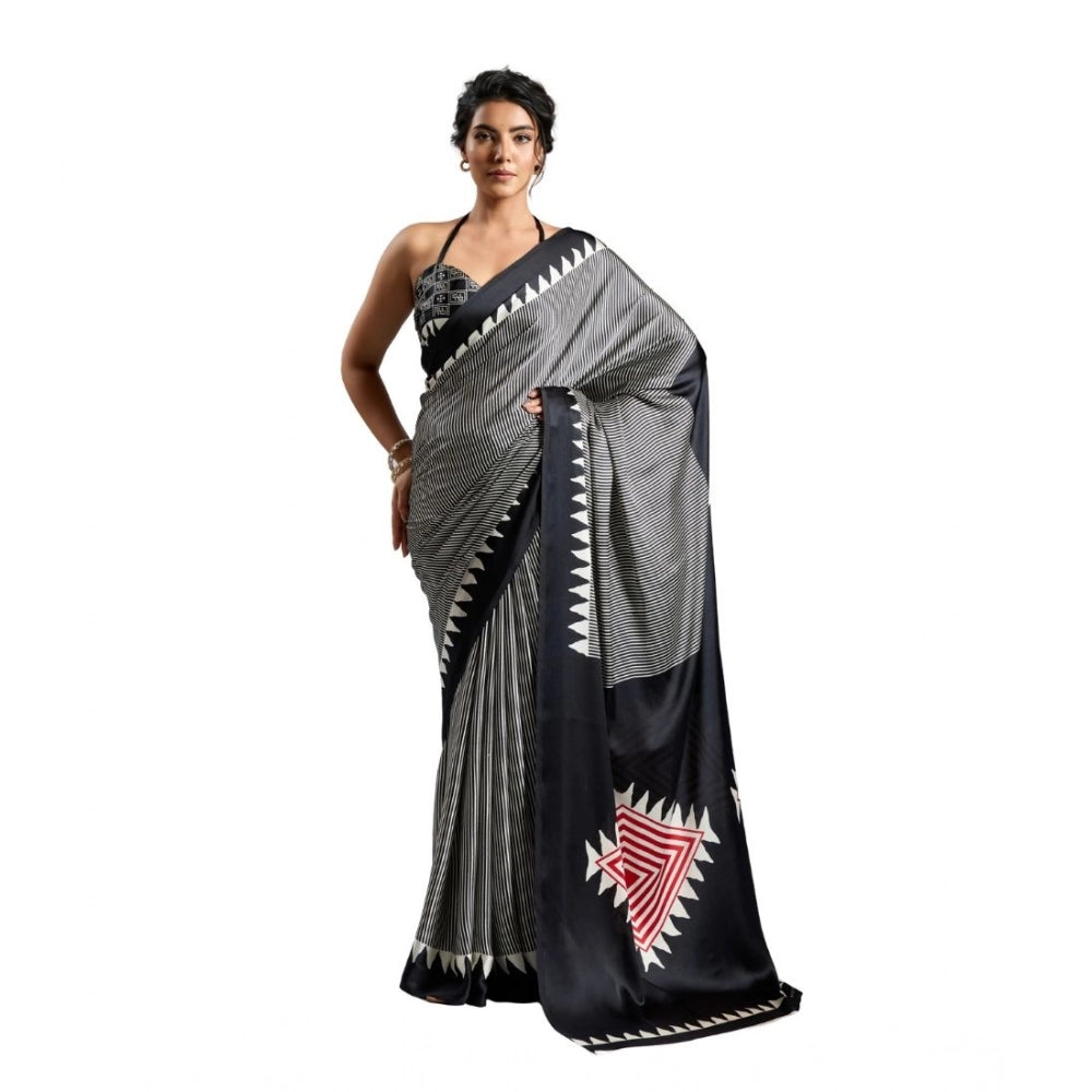 Vaystra Satin Crepe Printed Saree With Unstitched Blouse 5.5Mtr – Black