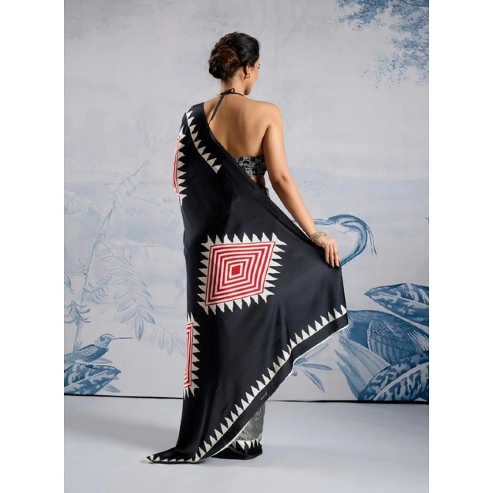 Vaystra Satin Crepe Printed Saree With Unstitched Blouse 5.5Mtr – Black