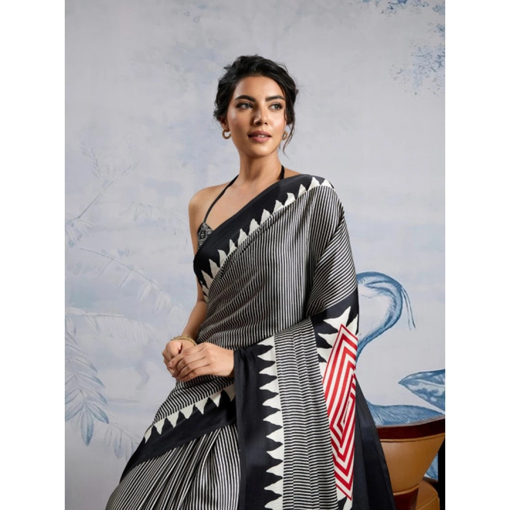 Vaystra Satin Crepe Printed Saree With Unstitched Blouse 5.5Mtr – Black