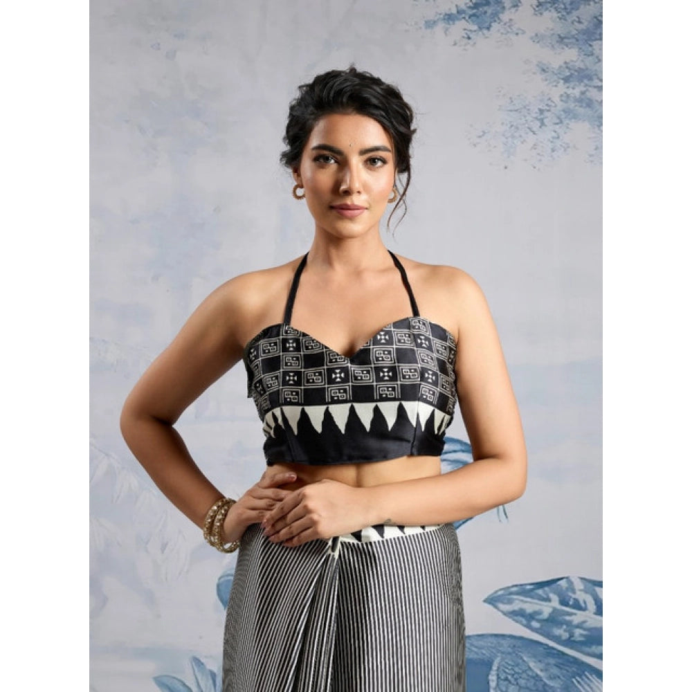 Vaystra Satin Crepe Printed Saree With Unstitched Blouse 5.5Mtr – Black