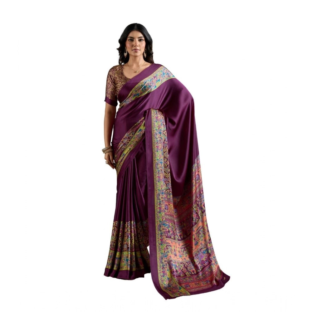 Vaystra Satin Crepe Printed Saree With Unstitched Blouse 5.5Mtr – Purple