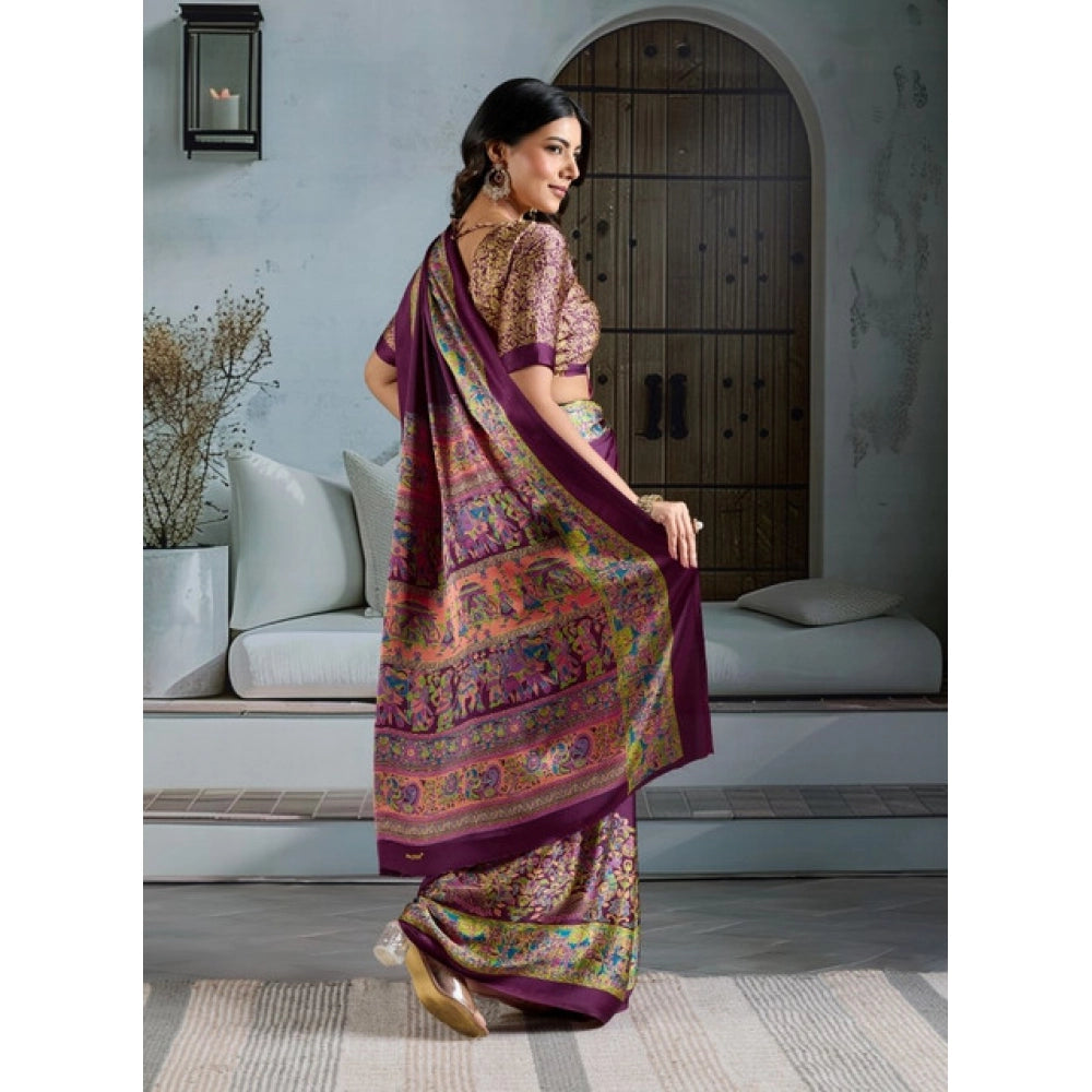 Vaystra Satin Crepe Printed Saree With Unstitched Blouse 5.5Mtr – Purple