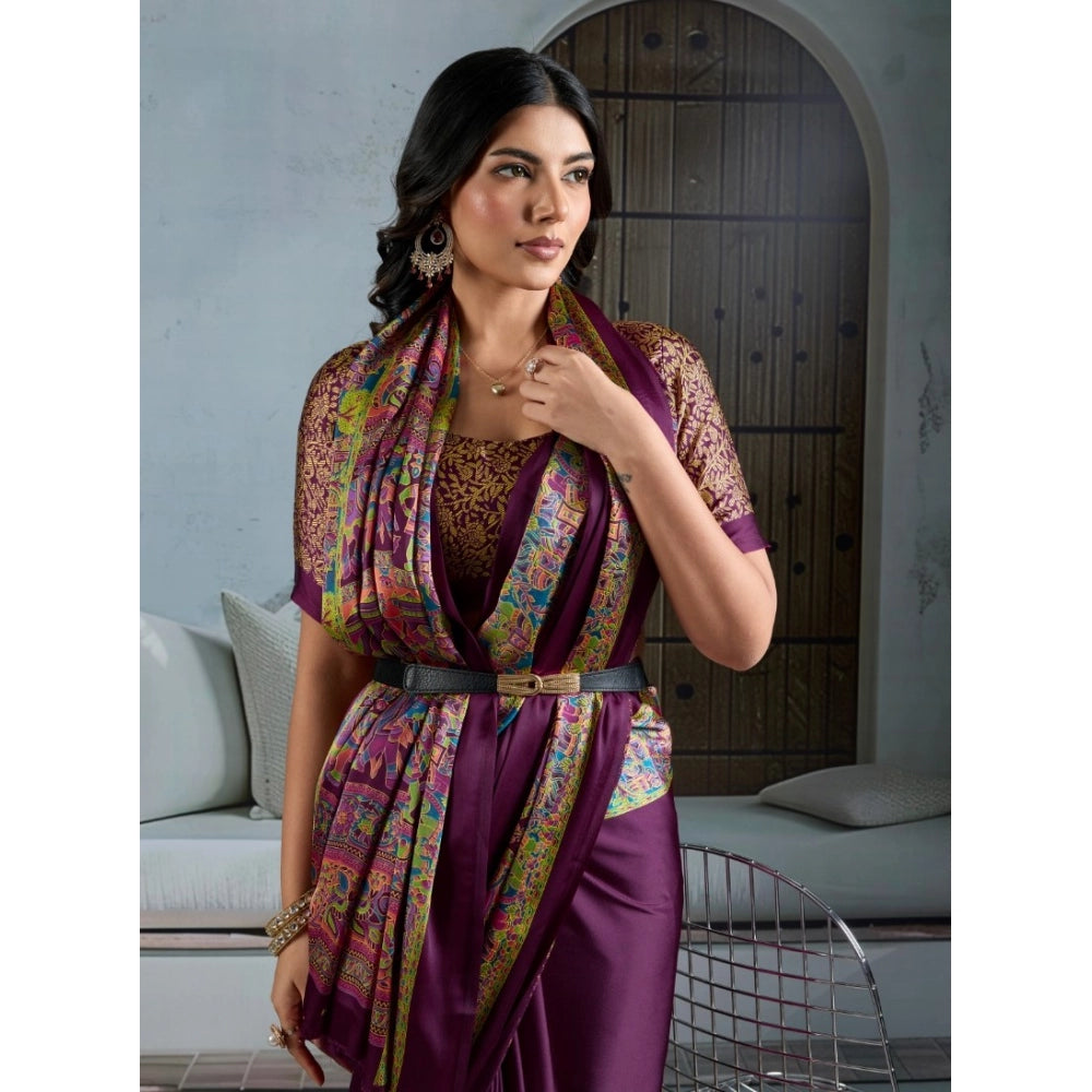 Vaystra Satin Crepe Printed Saree With Unstitched Blouse 5.5Mtr – Purple