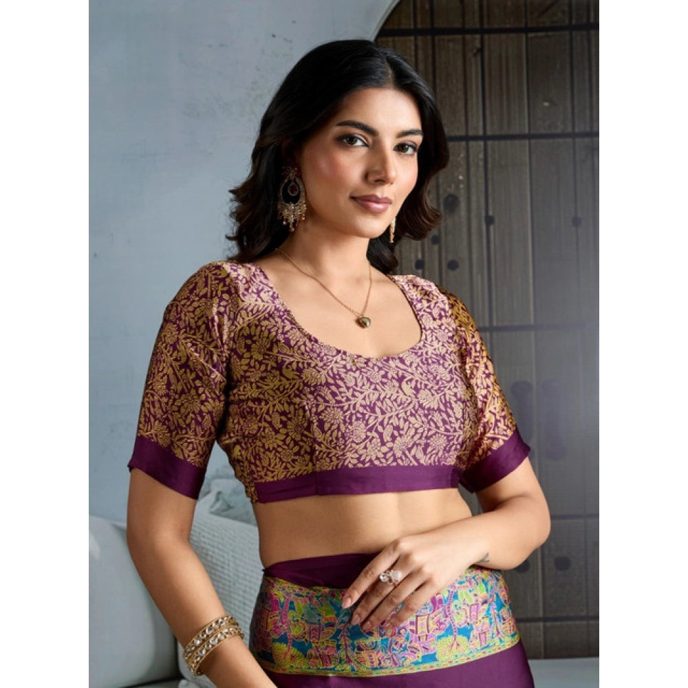 Vaystra Satin Crepe Printed Saree With Unstitched Blouse 5.5Mtr – Purple