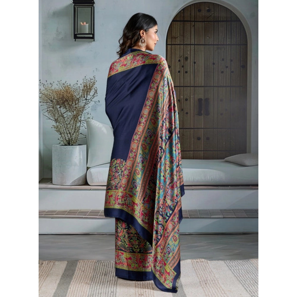 Vaystra Satin Crepe Printed Saree With Unstitched Blouse 5.5Mtr – Navy Blue