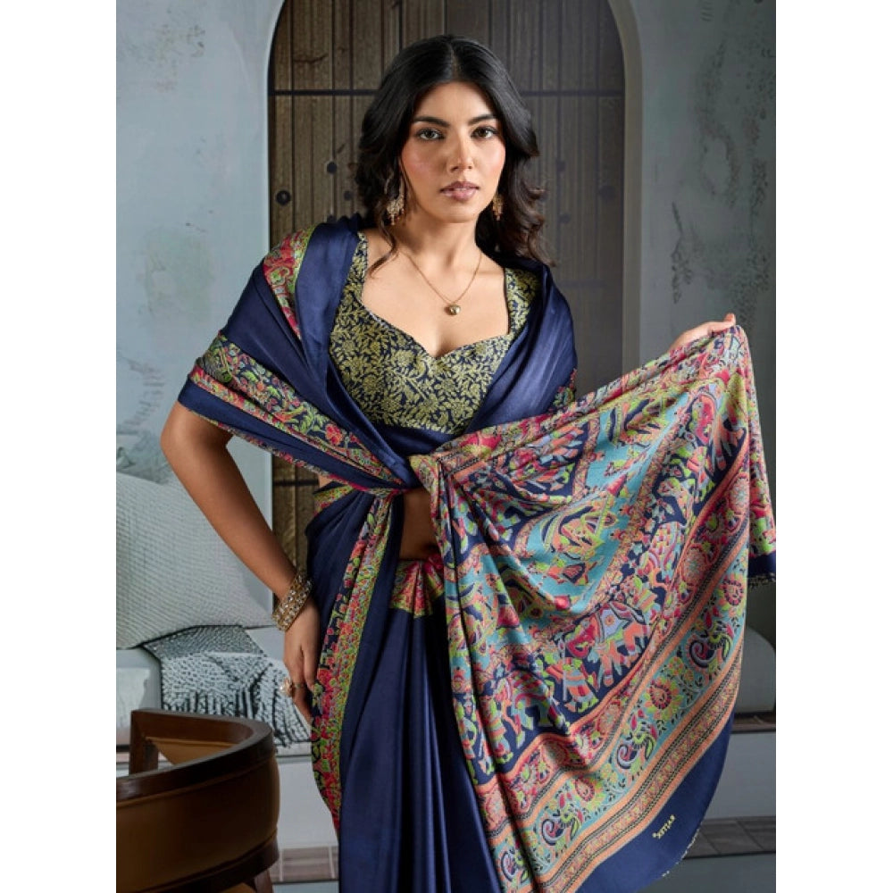 Vaystra Satin Crepe Printed Saree With Unstitched Blouse 5.5Mtr – Navy Blue