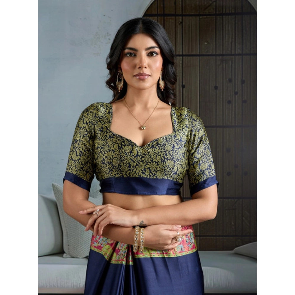 Vaystra Satin Crepe Printed Saree With Unstitched Blouse 5.5Mtr – Navy Blue