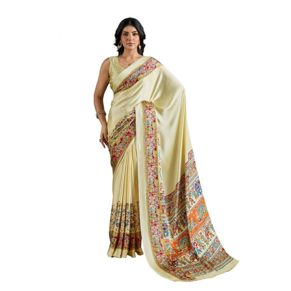 Vaystra Satin Crepe Printed Saree With Unstitched Blouse 5.5Mtr – Cream