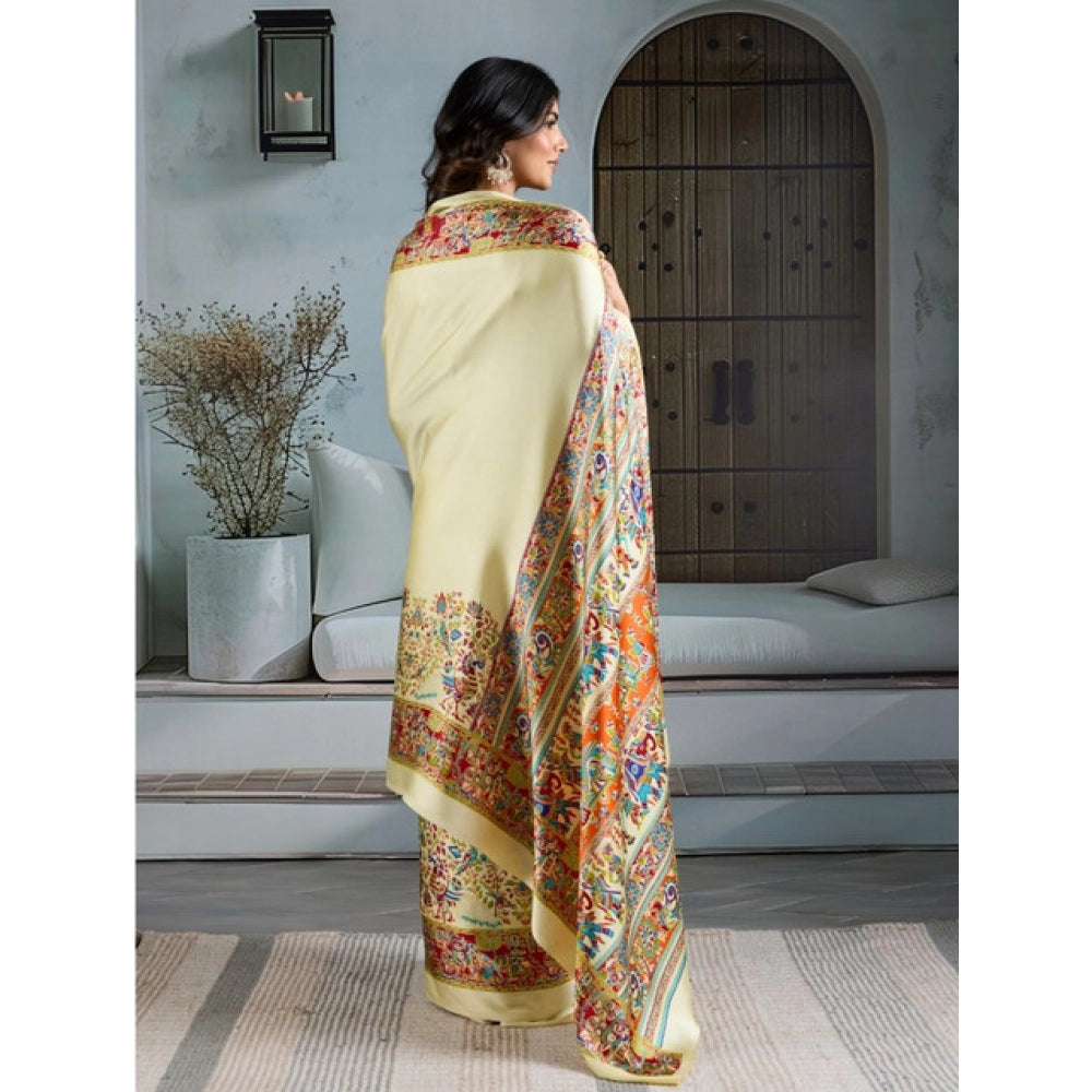 Vaystra Satin Crepe Printed Saree With Unstitched Blouse 5.5Mtr – Cream