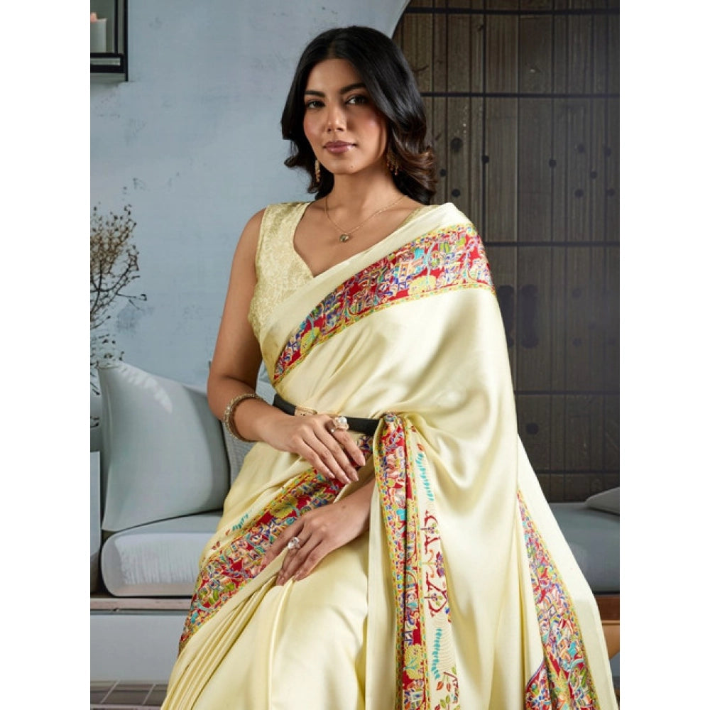 Vaystra Satin Crepe Printed Saree With Unstitched Blouse 5.5Mtr – Cream
