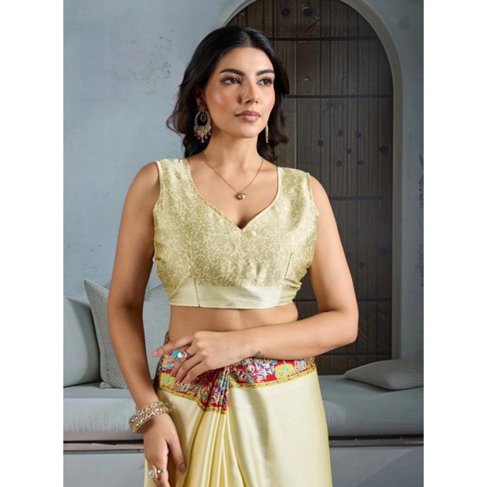Vaystra Satin Crepe Printed Saree With Unstitched Blouse 5.5Mtr – Cream