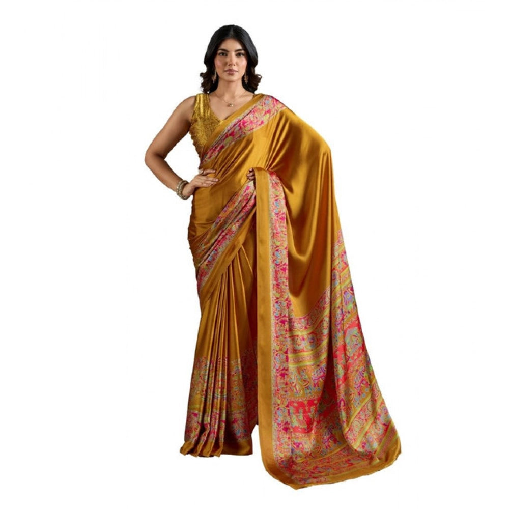 Vaystra Satin Crepe Printed Saree With Unstitched Blouse 5.5Mtr – Mustard