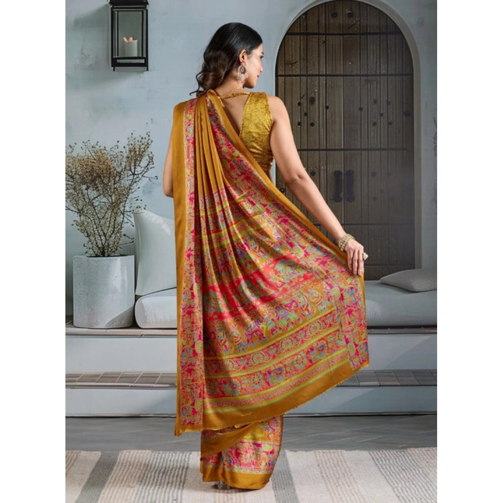 Vaystra Satin Crepe Printed Saree With Unstitched Blouse 5.5Mtr – Mustard