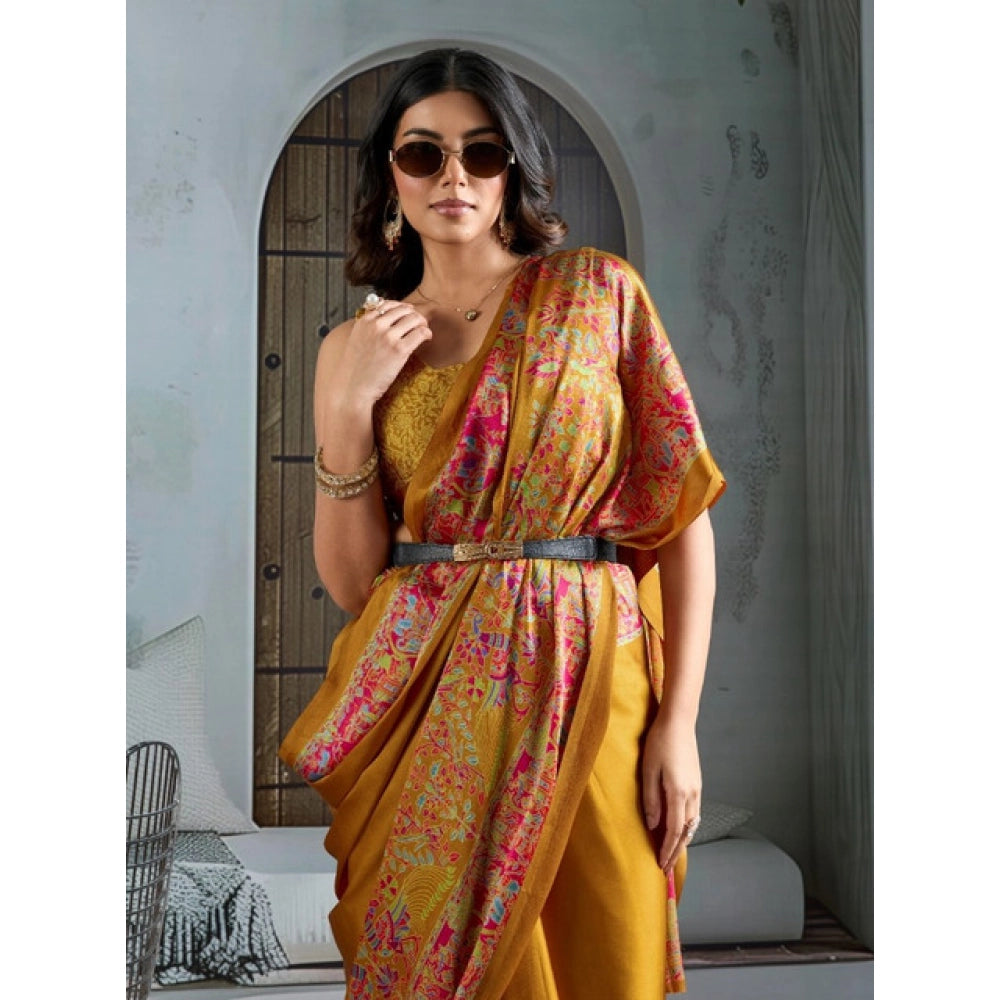 Vaystra Satin Crepe Printed Saree With Unstitched Blouse 5.5Mtr – Mustard