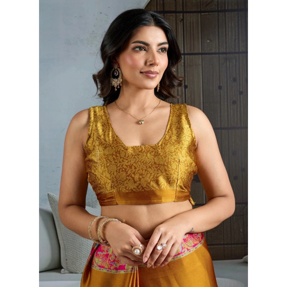 Vaystra Satin Crepe Printed Saree With Unstitched Blouse 5.5Mtr – Mustard