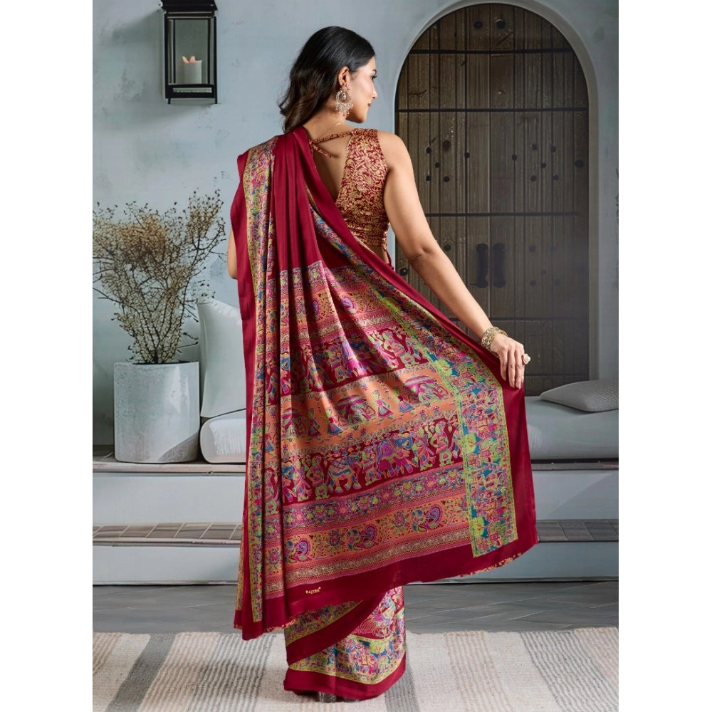 Vaystra Satin Crepe Printed Saree With Unstitched Blouse 5.5Mtr – Maroon