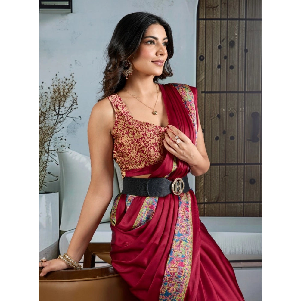 Vaystra Satin Crepe Printed Saree With Unstitched Blouse 5.5Mtr – Maroon