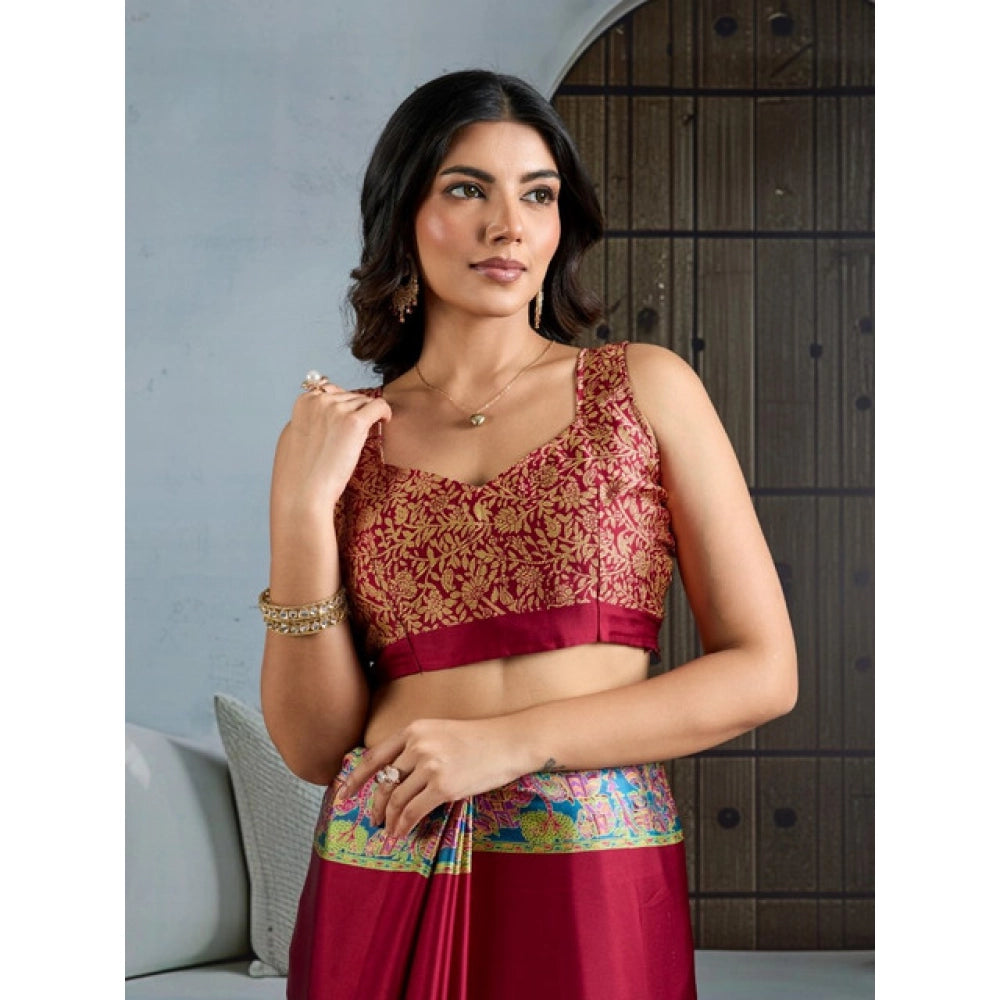 Vaystra Satin Crepe Printed Saree With Unstitched Blouse 5.5Mtr – Maroon