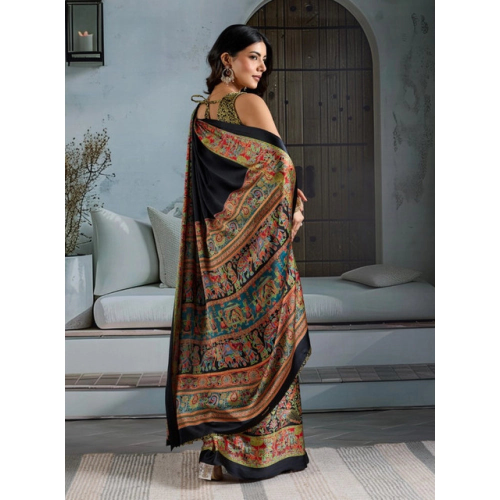 Vaystra Satin Crepe Printed Saree With Unstitched Blouse 5.5Mtr – Blue
