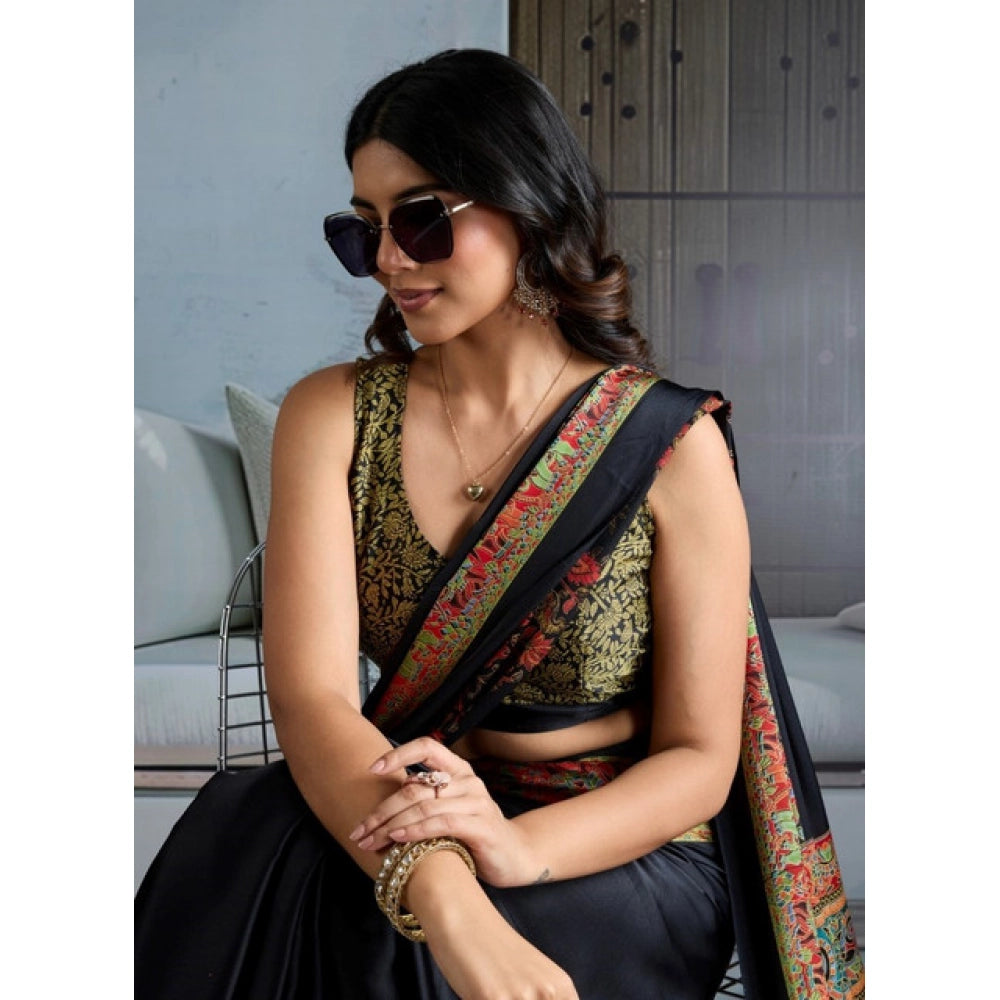 Vaystra Satin Crepe Printed Saree With Unstitched Blouse 5.5Mtr – Blue