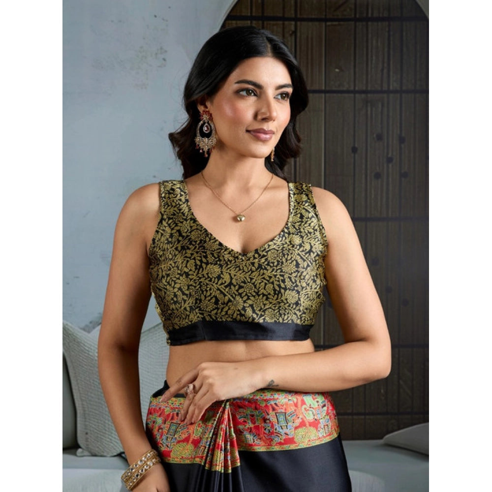 Vaystra Satin Crepe Printed Saree With Unstitched Blouse 5.5Mtr – Blue