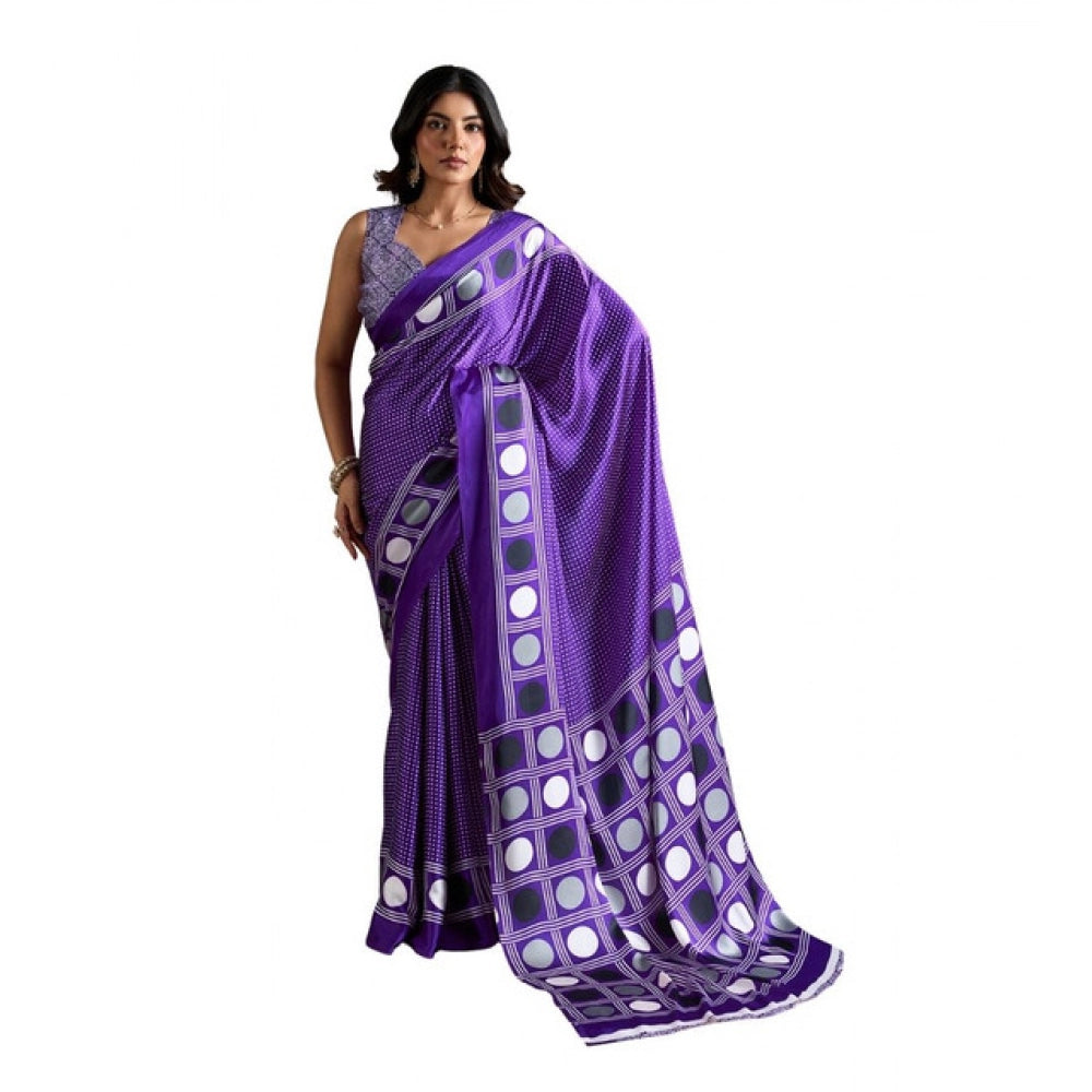 Vaystra Satin Crepe Printed Saree With Unstitched Blouse 5.5Mtr – Purple