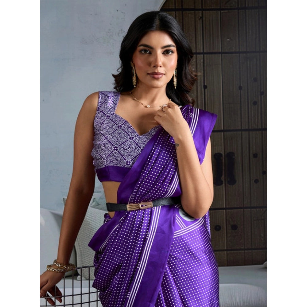 Vaystra Satin Crepe Printed Saree With Unstitched Blouse 5.5Mtr – Purple