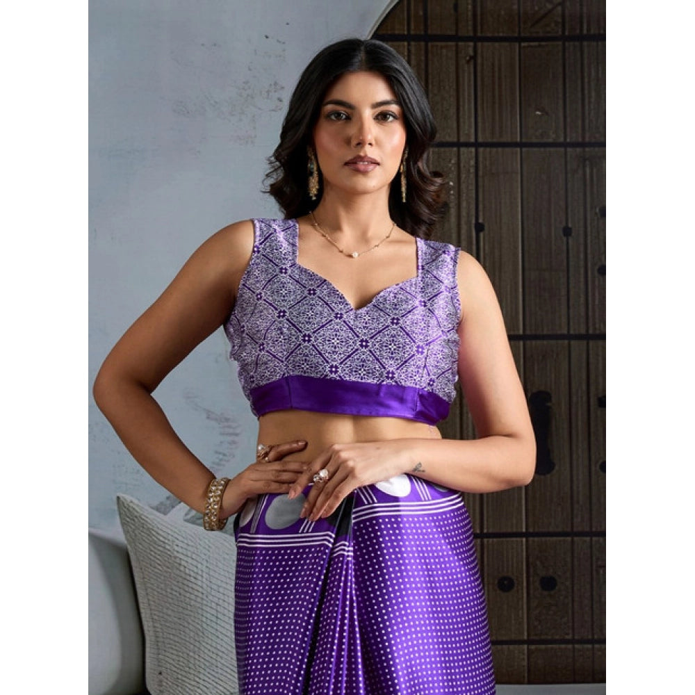 Vaystra Satin Crepe Printed Saree With Unstitched Blouse 5.5Mtr – Purple