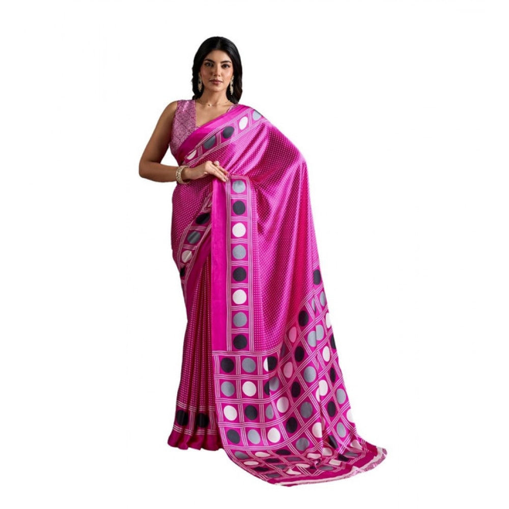 Vaystra Satin Crepe Printed Saree With Unstitched Blouse 5.5Mtr – Pink