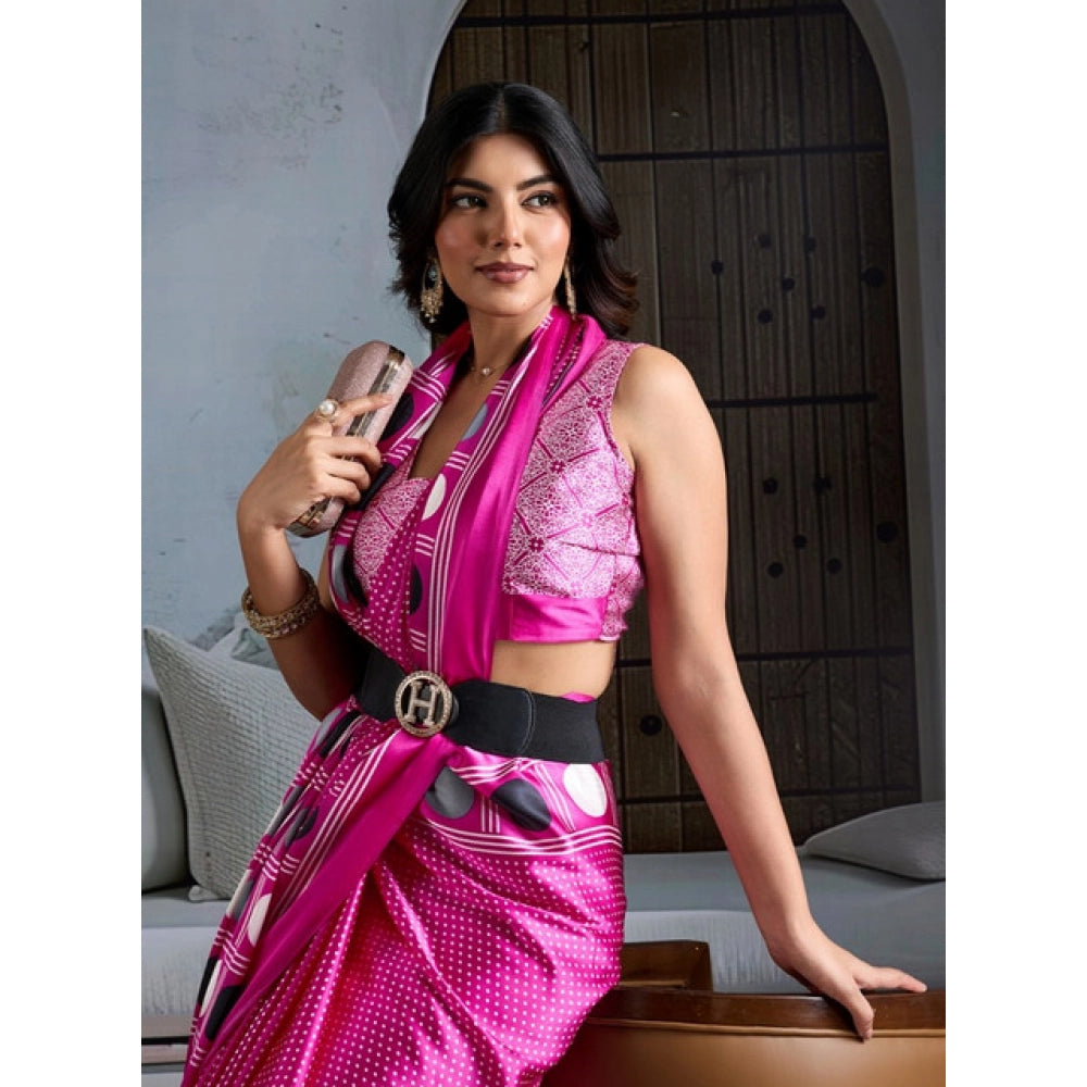 Vaystra Satin Crepe Printed Saree With Unstitched Blouse 5.5Mtr – Pink