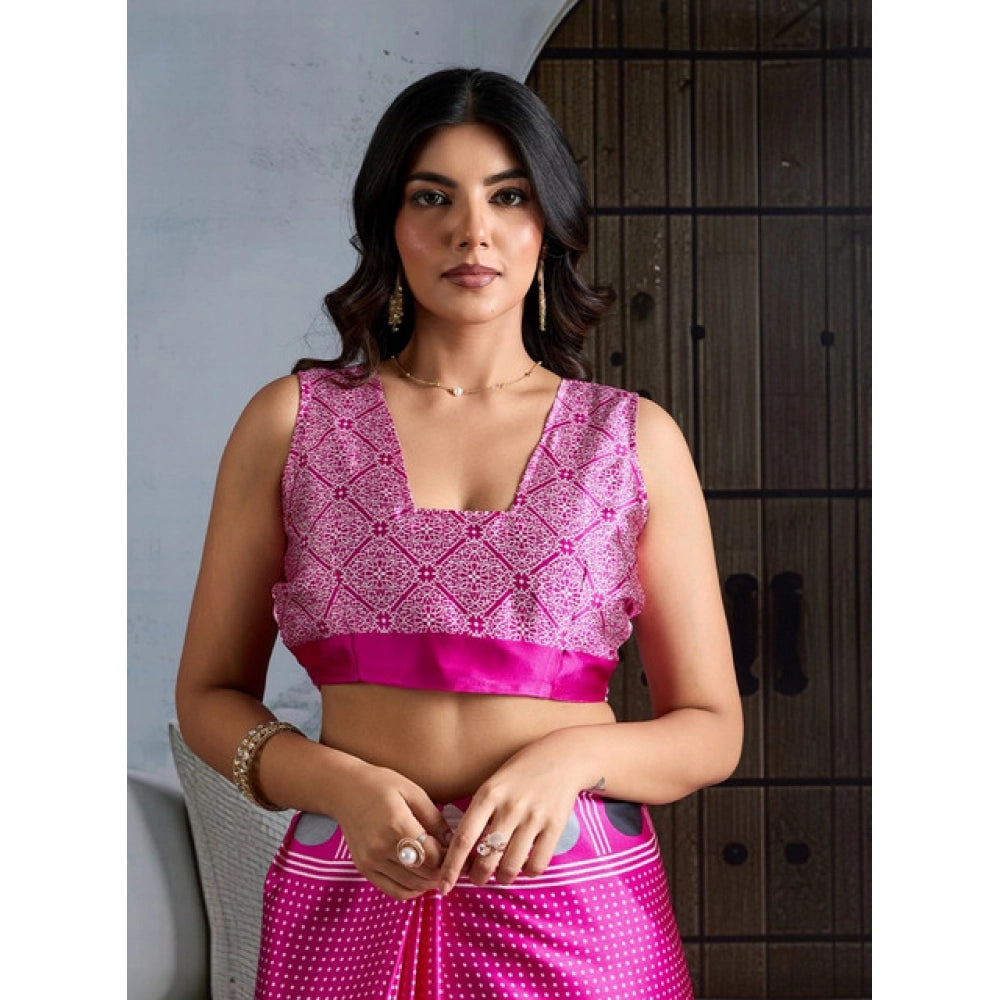 Vaystra Satin Crepe Printed Saree With Unstitched Blouse 5.5Mtr – Pink