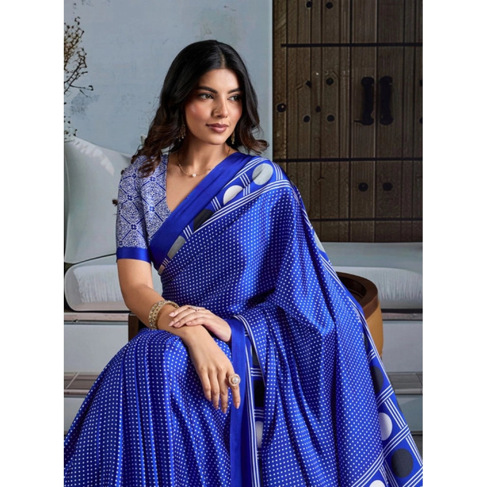 Vaystra Satin Crepe Printed Saree With Unstitched Blouse 5.5Mtr – Blue
