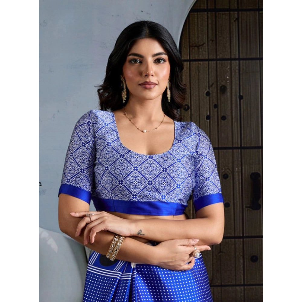 Vaystra Satin Crepe Printed Saree With Unstitched Blouse 5.5Mtr – Blue