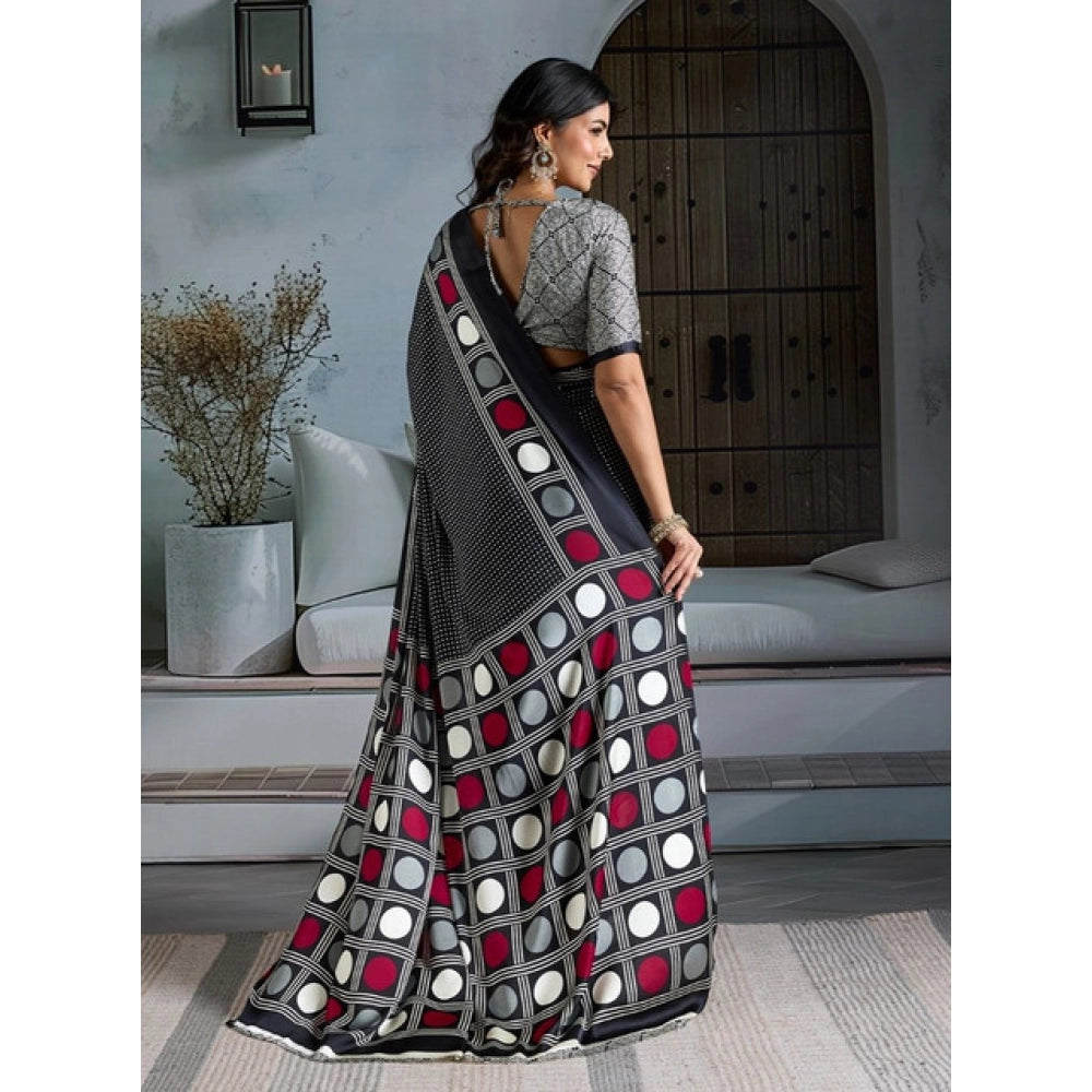 Vaystra Satin Crepe Printed Saree With Unstitched Blouse 5.5Mtr – Black