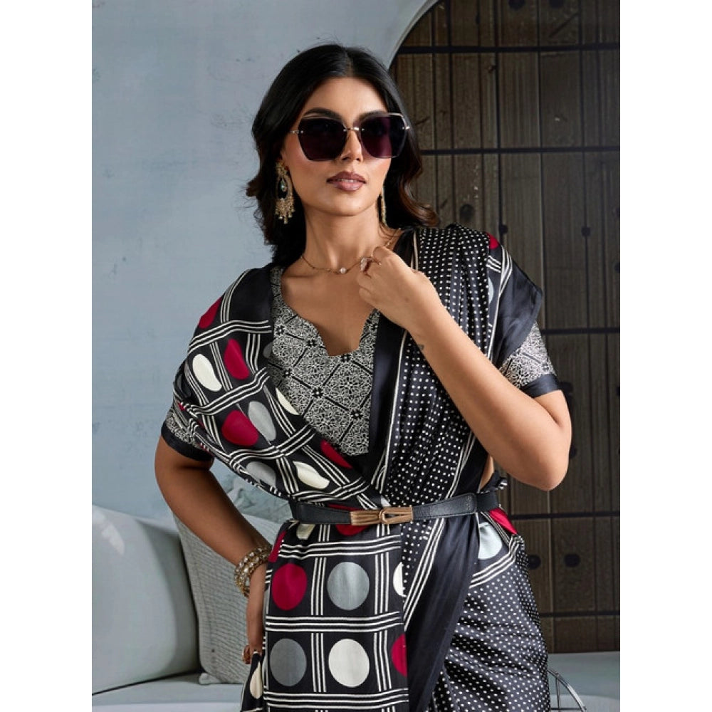 Vaystra Satin Crepe Printed Saree With Unstitched Blouse 5.5Mtr – Black