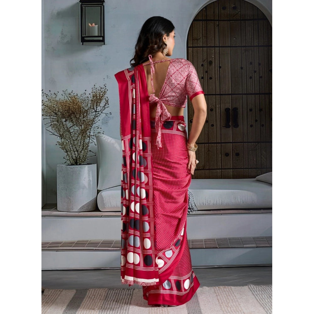 Vaystra Satin Crepe Printed Saree With Unstitched Blouse 5.5Mtr – Red