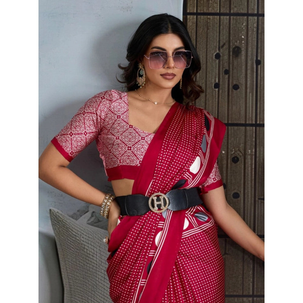 Vaystra Satin Crepe Printed Saree With Unstitched Blouse 5.5Mtr – Red